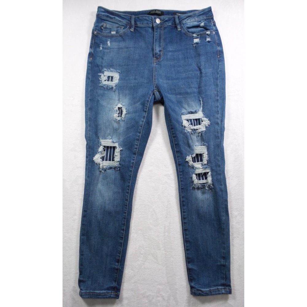 Judy Blue Jeans Womens Size 15/32 Blue Skinny Fit Pinstripe Patch Stretch